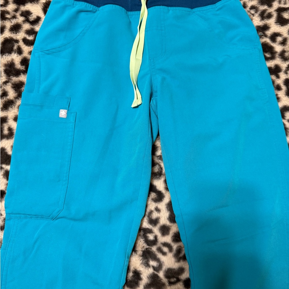 Figs Teal Scrub Pants with Neon Yellow Drawstring